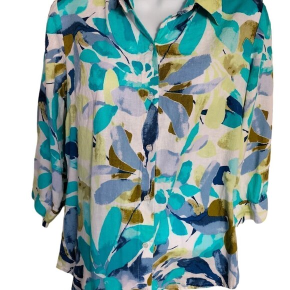 (331)Cathy Daniels Women's Linen Blend Floral Print Button down Shirt size Small - Picture 2 of 6